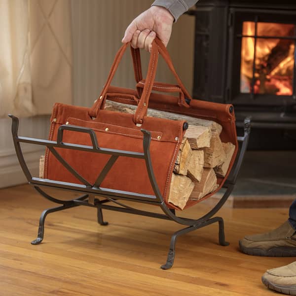 Olde World Iron Log Holder with Suede Leather Carrier