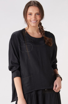 Rimsha Long-Sleeve Popover Swing Top - Black