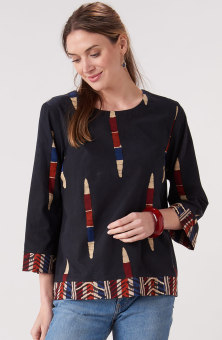 Devika 3/4-Sleeve Popover Top - Black/Multi