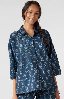 Rukhma Flare-Sleeve Ikat Top - Navy