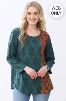 Divya Long-Sleeve Popover Top - Dusty teal/Multi