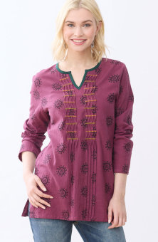 Saanya Long-Sleeve Notch Neck Pleated Tunic - Mulberry pink