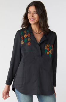 Kiana Embroidered Wide-Placket Shirt - Black