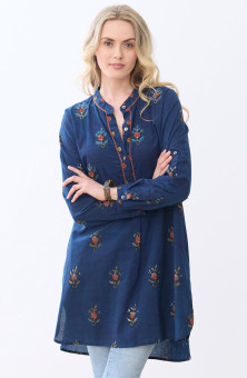 Yamini Roll-Sleeve Shirttail Kurta - Indigo