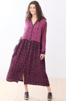 Ashrita Drop Waist Maxi Shirtdress - Black/Mulberry pink 