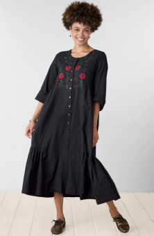 Shiroda Embroidered Organic Cotton Tiered Dress - Black