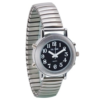 Tel-Time Ladies Chrome Talking Watch - Black Face, Expansion Band